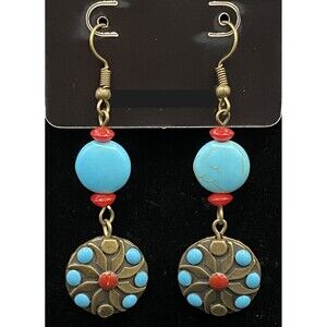 Handmade Faux Turquoise & Red Bead Bronze Tone Earrings by Neanie-Bot